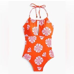 J. Crew Women’s One Piece Halter Top Persimmon Orange Pink Floral Swimsuit Sz M